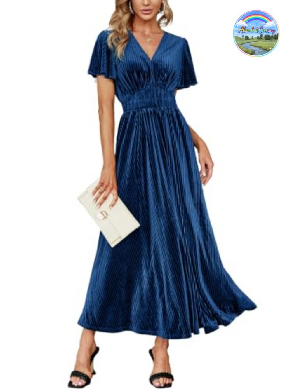 V Neck Velvet Maxi Dress Short Sleeve Empire Waist A-Line Formal Semi Formal